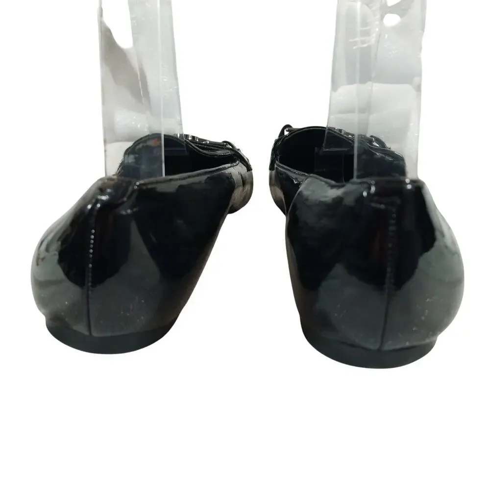 BANDOLINO! FLORA BLACK PATENT LEATHER FRONT METAL HARNESS NIPPED TOE FLATS!SZ 8M